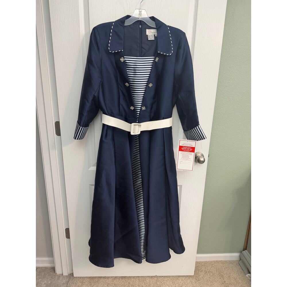 EY Boutique Navy & White Belted Dress 16W Nautical Stripe NWT